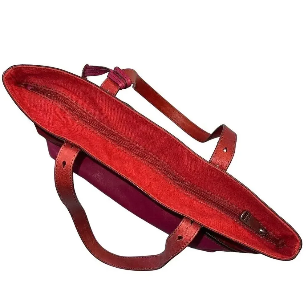 Fossil Hunter Leather Tote Bag Pink Red Zip Closure Key Charm Silver Hardware